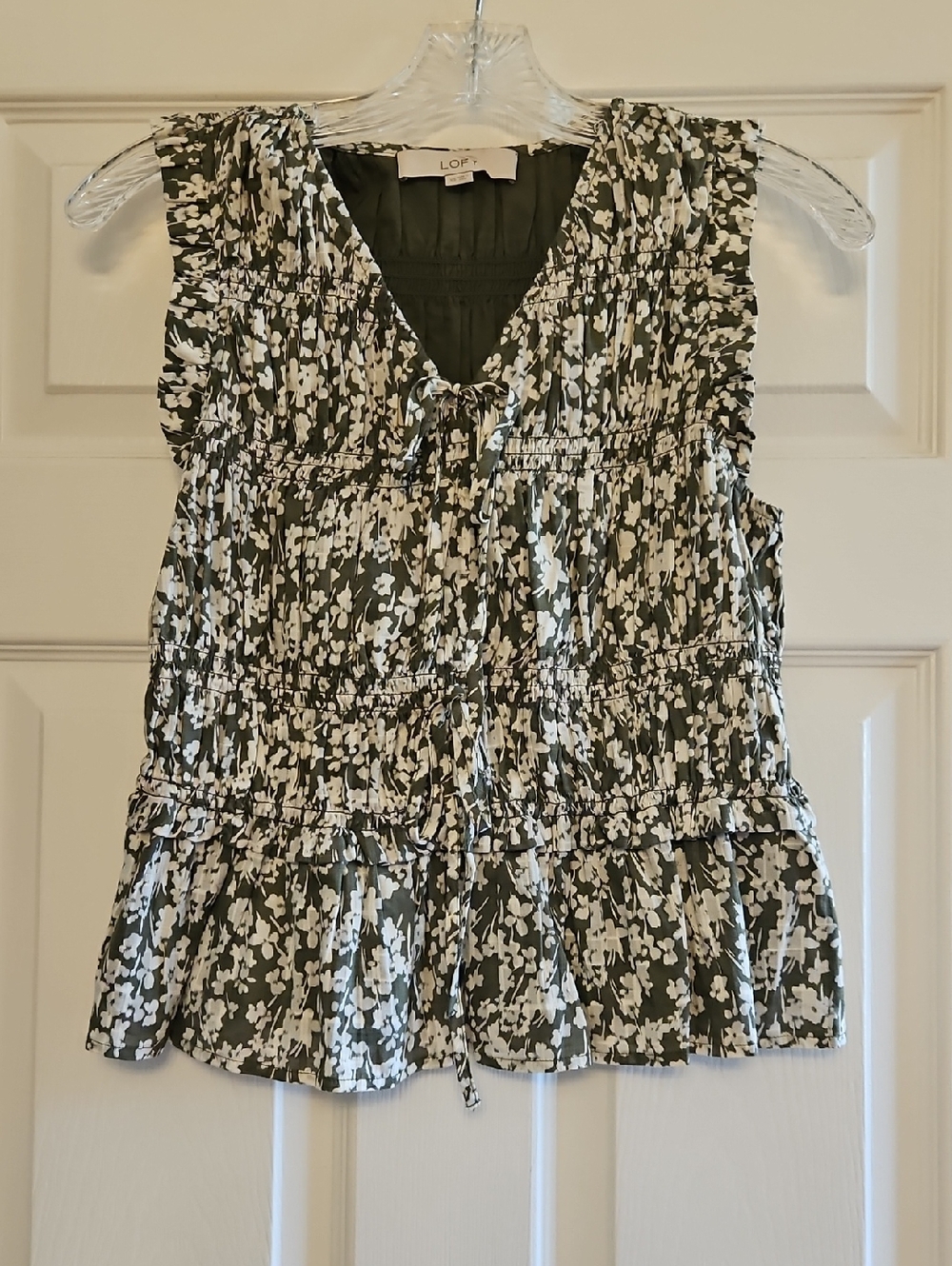 LOFT Olive & White Floral Smocked Ruffle Tie-Front Camisole